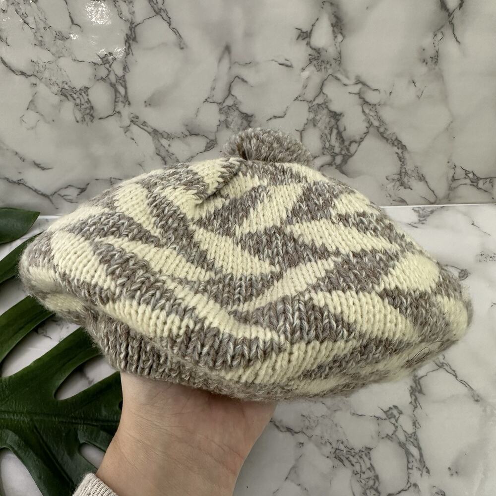 Zwicker Womens Vintage 80s Beret Hat Tam O'Shanter Gray Cream Knit Pompom - Picture 3 of 5